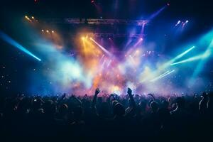 Rear view of  the crowd of people at a party at a concert stage at a music festival, AI Generative photo