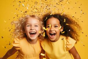 contento niña con papel picado en amarillo antecedentes. ai generativo foto