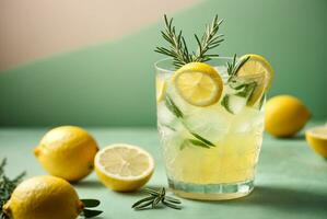 Glass of tasty lemonade with rosemary and lime on color background, AI Generative photo