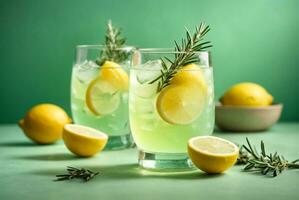 Glass of tasty lemonade with rosemary and lime on color background, AI Generative photo