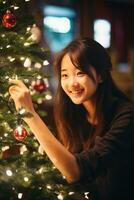 Beautiful woman decorates the Christmas tree with Christmas balls and decorations, celebrates New Year at home. AI Generative photo