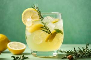 Glass of tasty lemonade with rosemary and lime on color background, AI Generative photo
