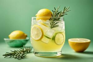 Glass of tasty lemonade with rosemary and lime on color background, AI Generative photo