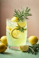 Glass of tasty lemonade with rosemary and lime on color background, AI Generative photo