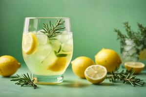 Glass of tasty lemonade with rosemary and lime on color background, AI Generative photo