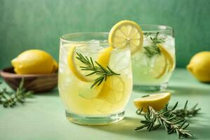 Glass of tasty lemonade with rosemary and lime on color background, AI Generative photo