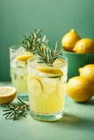 Glass of tasty lemonade with rosemary and lime on color background, AI Generative photo