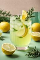 Glass of tasty lemonade with rosemary and lime on color background, AI Generative photo