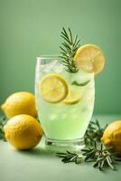 Glass of tasty lemonade with rosemary and lime on color background,AI Generative photo