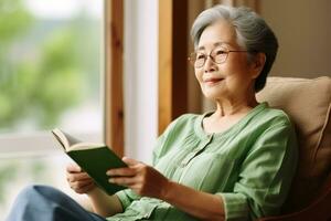 Senior Asian woman relaxing at home Happy elderly woman reading a book sitting on the sofa, AI Generative photo