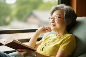 Senior Asian woman relaxing at home Happy elderly woman reading a book sitting on the sofa, AI Generative photo