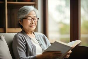 Senior Asian woman relaxing at home Happy elderly woman reading a book sitting on the sofa, AI Generative photo