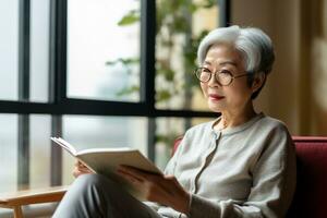 Senior Asian woman relaxing at home Happy elderly woman reading a book sitting on the sofa, AI Generative photo