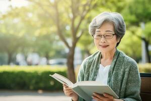 Senior Asian woman relaxing at home Happy elderly woman reading a book sitting on the sofa, AI Generative photo