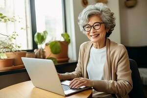 Senior Asian woman relaxing at home Happy elderly woman reading a book sitting on the sofa, AI Generative photo