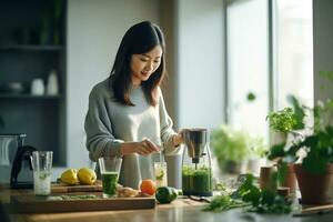 Young Asian woman makes detox fruit and vegetable smoothie at home, Healthy and beauty food concept, AI Generative. photo