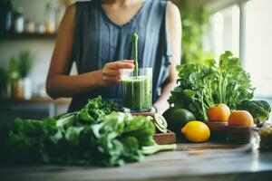 Young Asian woman makes detox fruit and vegetable smoothie at home, Healthy and beauty food concept, AI Generative. photo