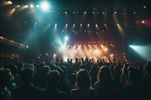 Concert crowd in front of a bright stage with lights and smoke. AI Generative photo