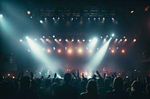 Concert crowd in front of a bright stage with lights and smoke. AI Generative photo