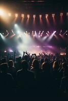 Concert crowd in front of a bright stage with lights and smoke. AI Generative photo