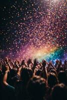 Crowd cheering at a music festival and confetti flying in the air. AI Generative photo