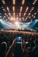 Concert crowd in front of a bright stage with lights and smoke. AI Generative photo