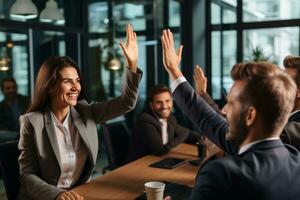 Group of business people high-five with colleagues in a meeting ,successful business ideas, AI Generative photo