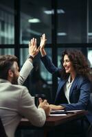 Group of business people high-five with colleagues in a meeting ,successful business ideas, AI Generative photo