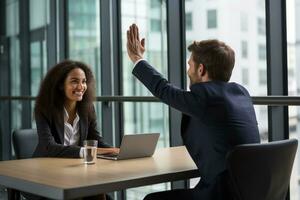 Group of business people high-five with colleagues in a meeting ,successful business ideas, AI Generative photo