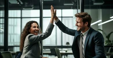 Group of business people high-five with colleagues in a meeting ,successful business ideas, AI Generative photo