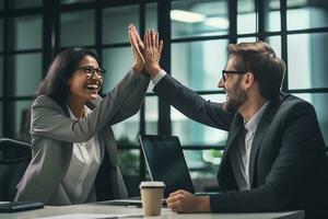 Group of business people high-five with colleagues in a meeting ,successful business ideas, AI Generative photo