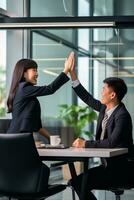 Group of business people high-five with colleagues in a meeting ,successful business ideas, AI Generative photo