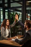 Group of business people high-five with colleagues in a meeting ,successful business ideas, AI Generative photo