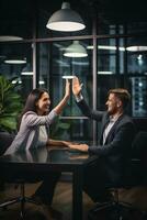 Group of business people high-five with colleagues in a meeting ,successful business ideas, AI Generative photo