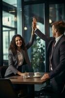 Group of business people high-five with colleagues in a meeting ,successful business ideas, AI Generative photo