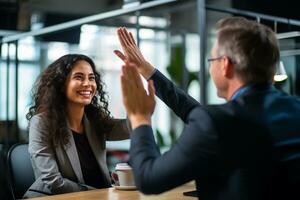 Group of business people high-five with colleagues in a meeting ,successful business ideas, AI Generative photo