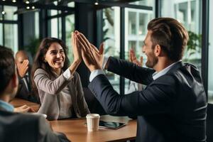 Group of business people high-five with colleagues in a meeting ,successful business ideas, AI Generative photo