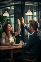 Group of business people high-five with colleagues in a meeting ,successful business ideas, AI Generative photo