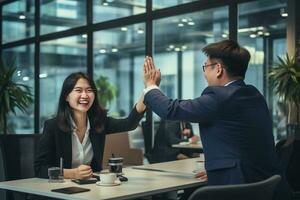 Group of business people high-five with colleagues in a meeting ,successful business ideas, AI Generative photo