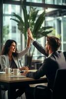 Group of business people high-five with colleagues in a meeting ,successful business ideas, AI Generative photo