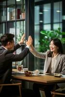 Group of business people high-five with colleagues in a meeting ,successful business ideas, AI Generative photo