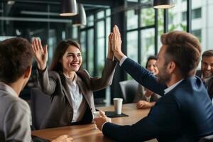 Group of business people high-five with colleagues in a meeting ,successful business ideas, AI Generative photo