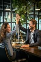 Group of business people high-five with colleagues in a meeting ,successful business ideas, AI Generative photo