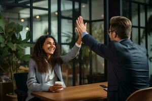 Group of business people high-five with colleagues in a meeting ,successful business ideas, AI Generative photo