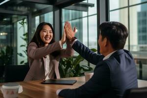 Group of business people high-five with colleagues in a meeting ,successful business ideas, AI Generative photo