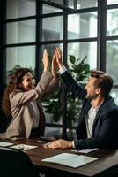 Group of business people high-five with colleagues in a meeting ,successful business ideas, AI Generative photo