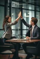 Group of business people high-five with colleagues in a meeting ,successful business ideas, AI Generative photo