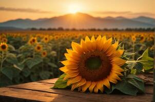 Wooden table with sunflowers on the background of beautiful sunset, AI Generative photo