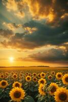 Sunset over sunflower field. Beautiful summer landscape with sunflowers. AI Generative photo