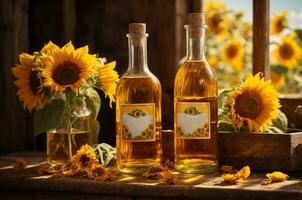 Sunflower oil in glass bottles with sunflowers on wooden background, AI Generative photo